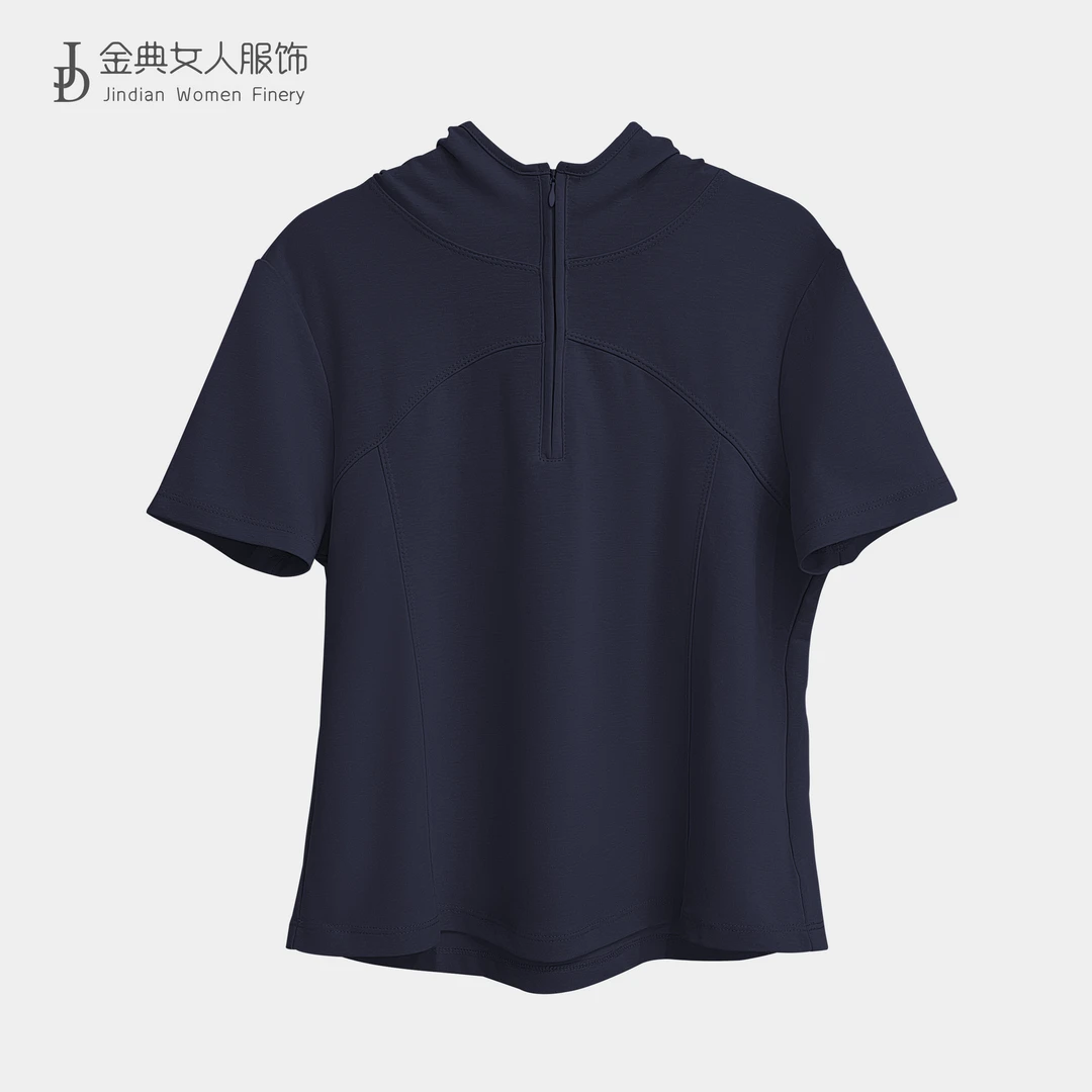 【金典女人服饰】春季新款半拉链纯色短袖连帽上衣 时尚卫衣5680