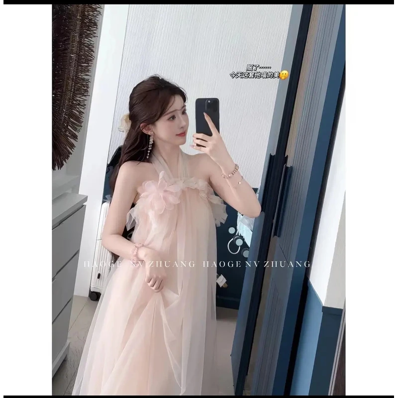 海岛度假连衣裙粉色晨袍女新娘气质露背仙气网纱绝美仙女挂脖裙子