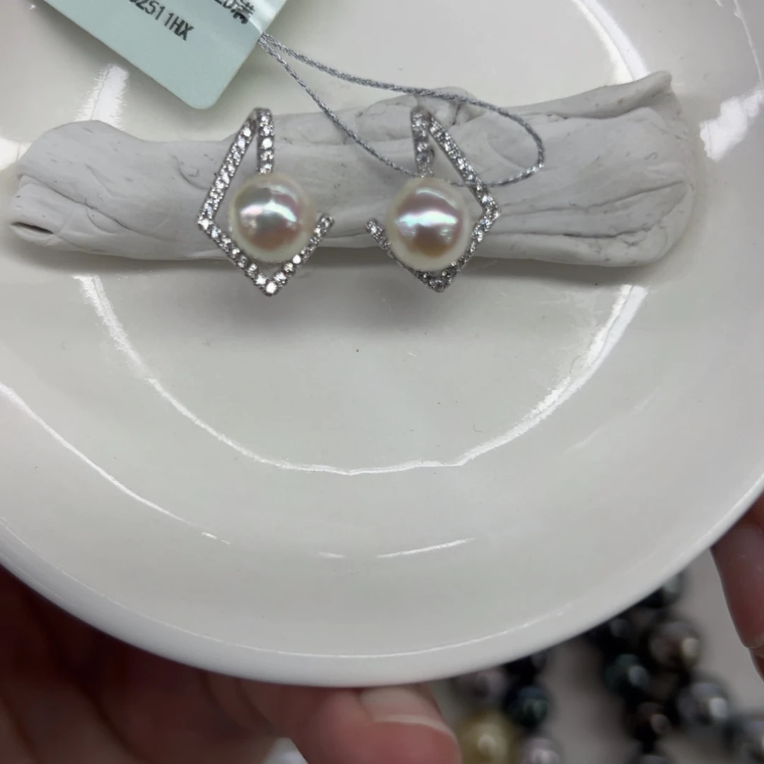 银S925镶嵌耳饰海水珍珠7-8mm海水Ak几何耳钉