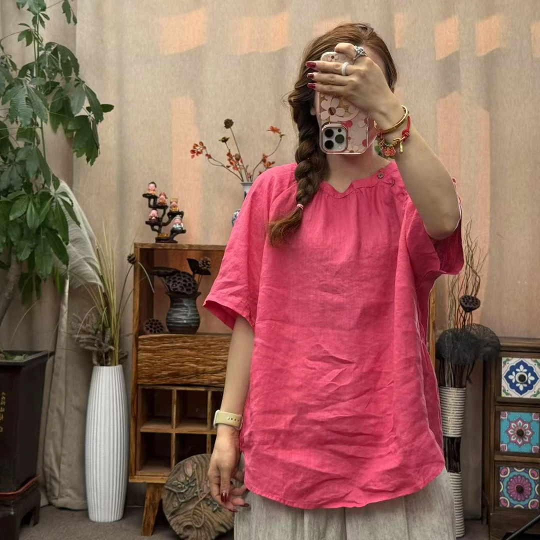 花璟与麻原创设计款圆领斜襟纽扣小衫（衣长66-70胸围126）