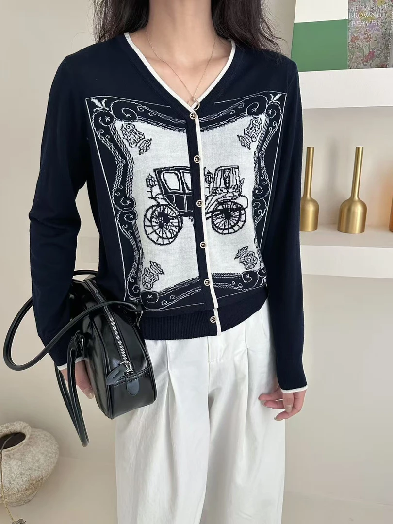 超细美利奴羊毛复古马车提花拼色高级时尚气质针织秋季新款长袖