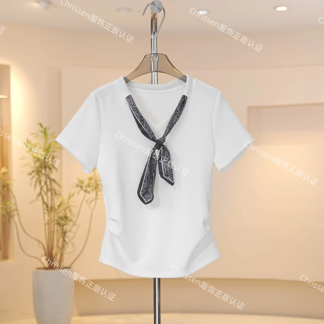 【认证正版】2025夏季新款时尚百搭显瘦T恤v领系带女士短袖T25013