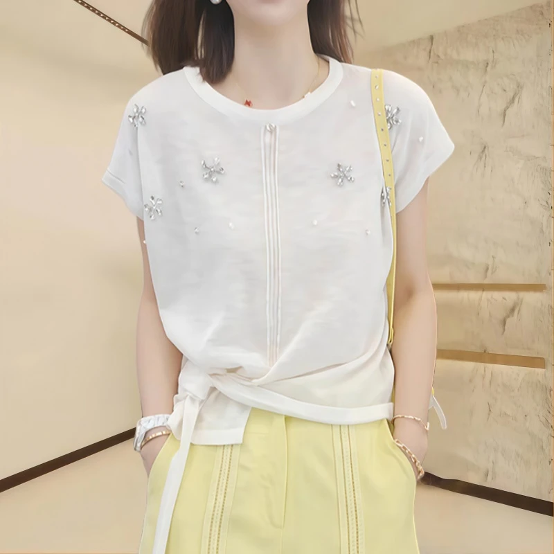 薄款夏季套头短袖竹节麻宽松女装重工钉钻系扣针织衫上衣显瘦罩衫