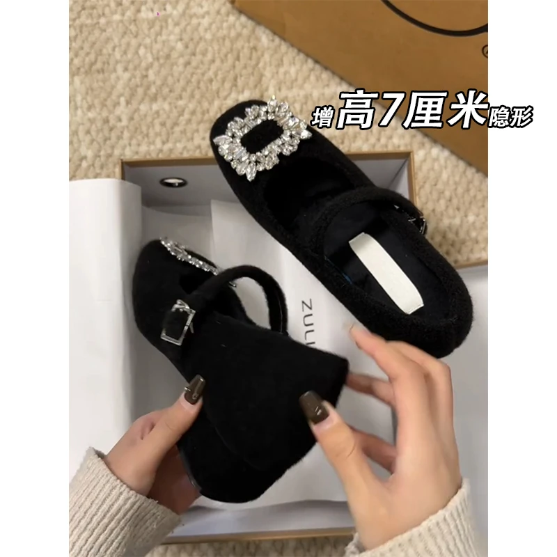 不累脚~小个子神器隐形内增高7cm温柔玛丽珍鞋秋冬季法式水钻单鞋
