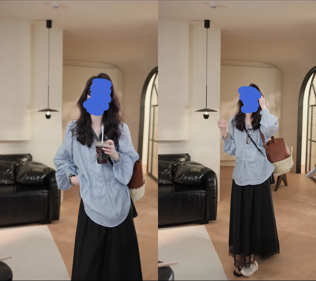 2025气质设计感百搭法式长袖衬衫蓝色时尚宽松甜美上衣衬衫