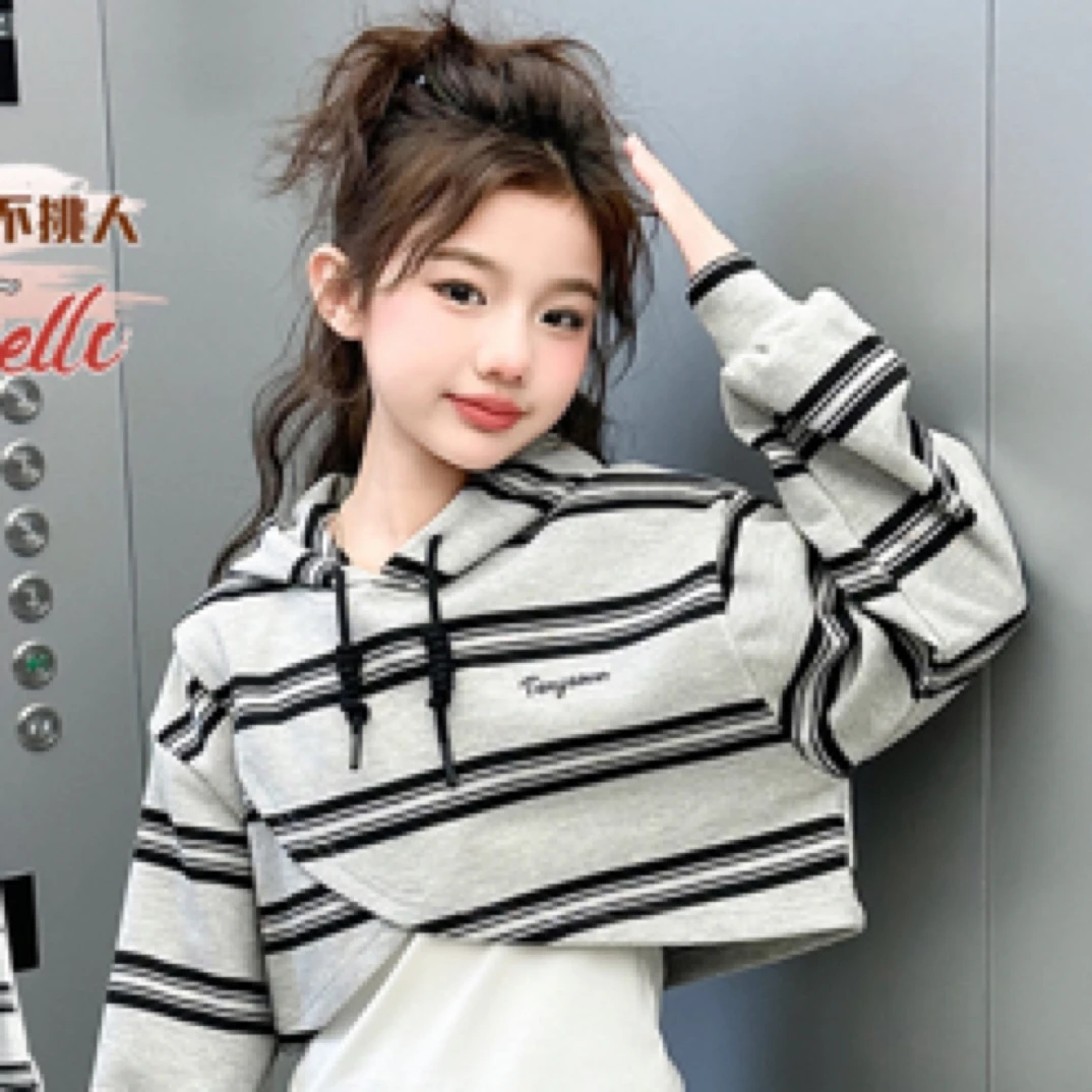 条纹春秋连帽撞色时髦长袖卫衣洋气宽松针织衫