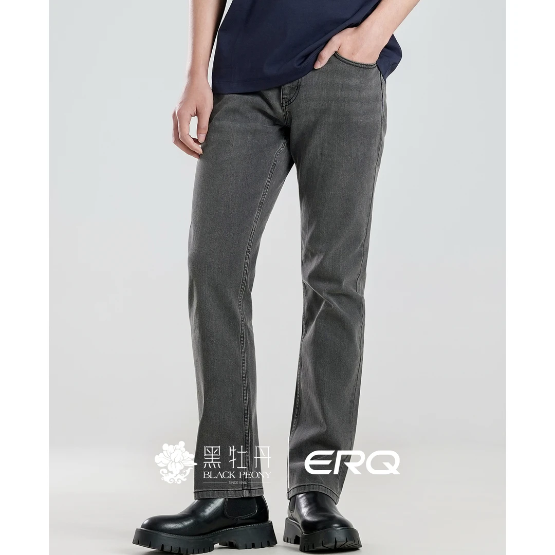 ERQ[灰黑色系]902男士宽松弹力直筒牛仔裤黑色休闲裤男款商务复古