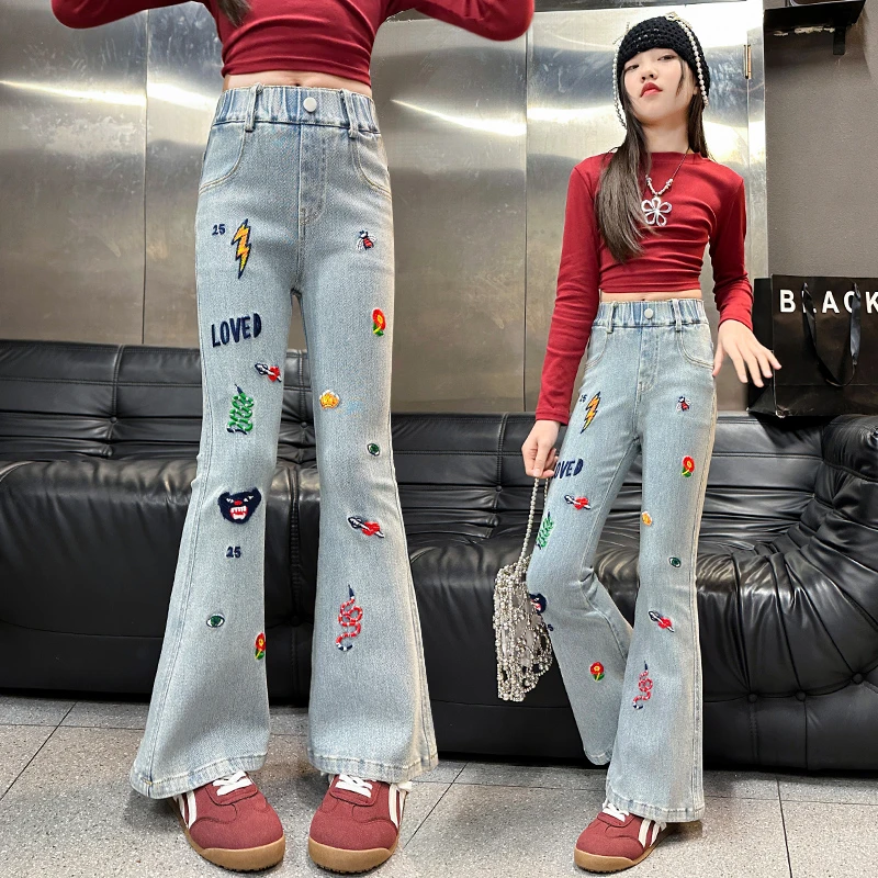 女童牛仔裤春秋款中大童修身弹力裤子休闲春装女孩洋气儿童喇叭裤