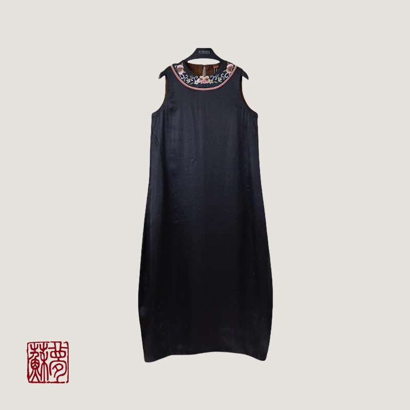 蘇夢【花间舞】香云纱繁花手绣马甲裙中式百搭实穿0104461