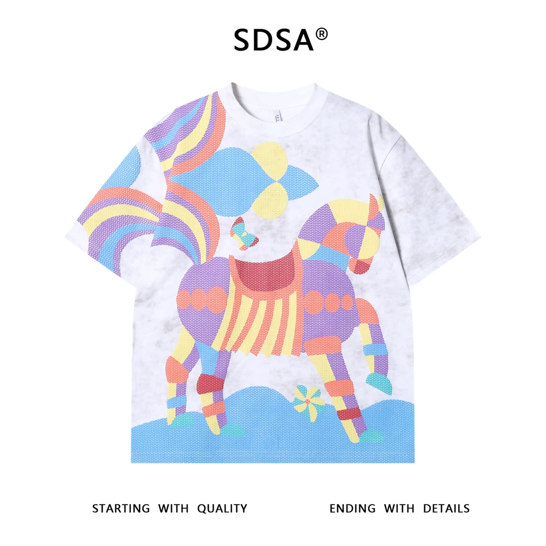 夏季高级感新款男士小马彩色印花圆领短袖T恤小众设计洒金上衣