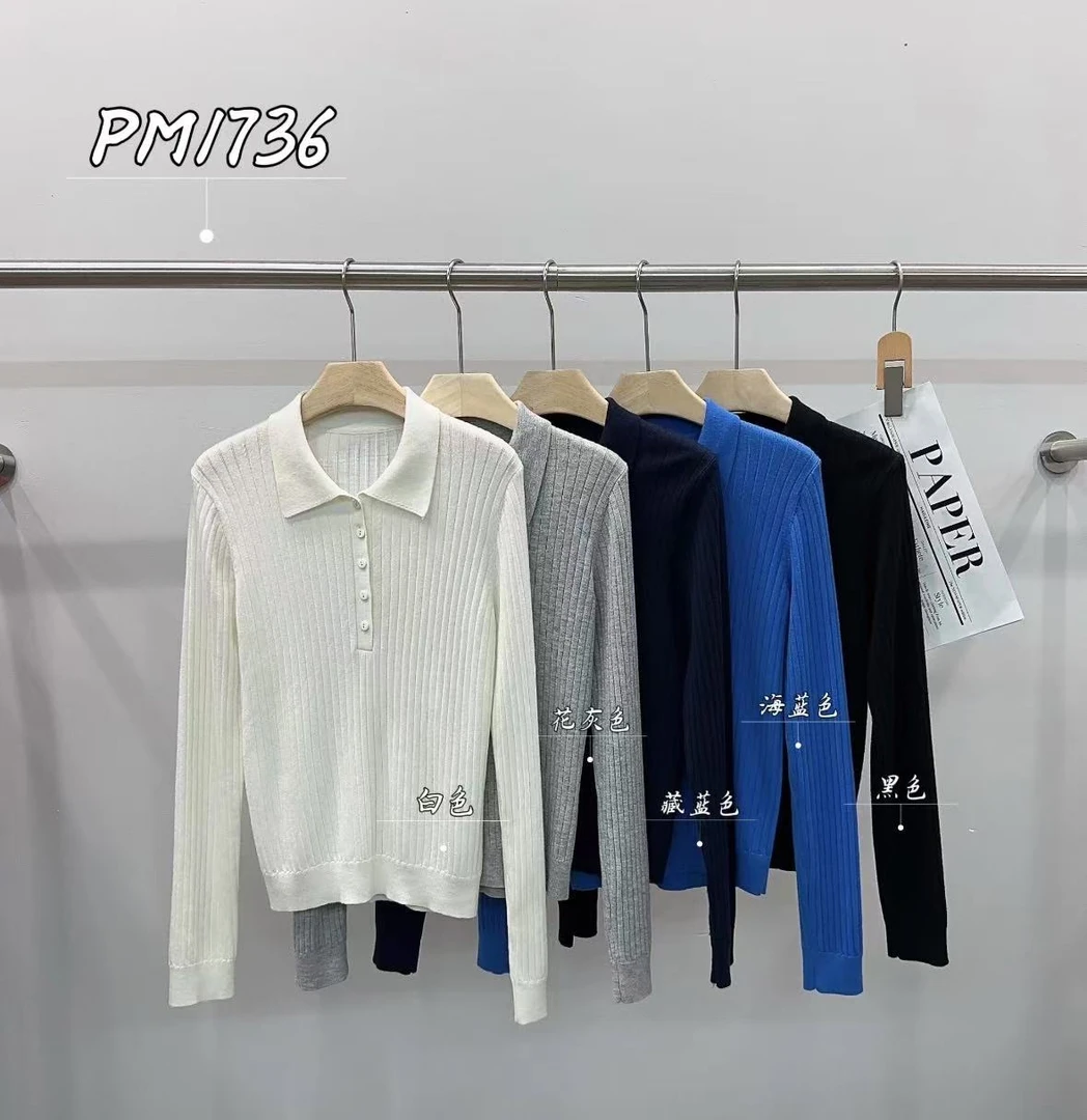 PPT羊毛Polo领坑条显瘦上衣 1736