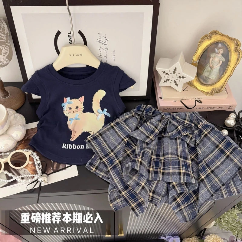2025夏季女童卡通T恤背心假两件格子不规则裙裤两件套