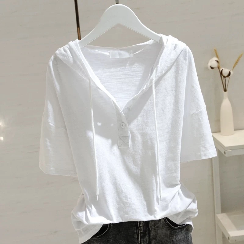 竹节棉短袖t恤女白色韩版宽松显瘦半袖打底上衣纯色夏季新款女款