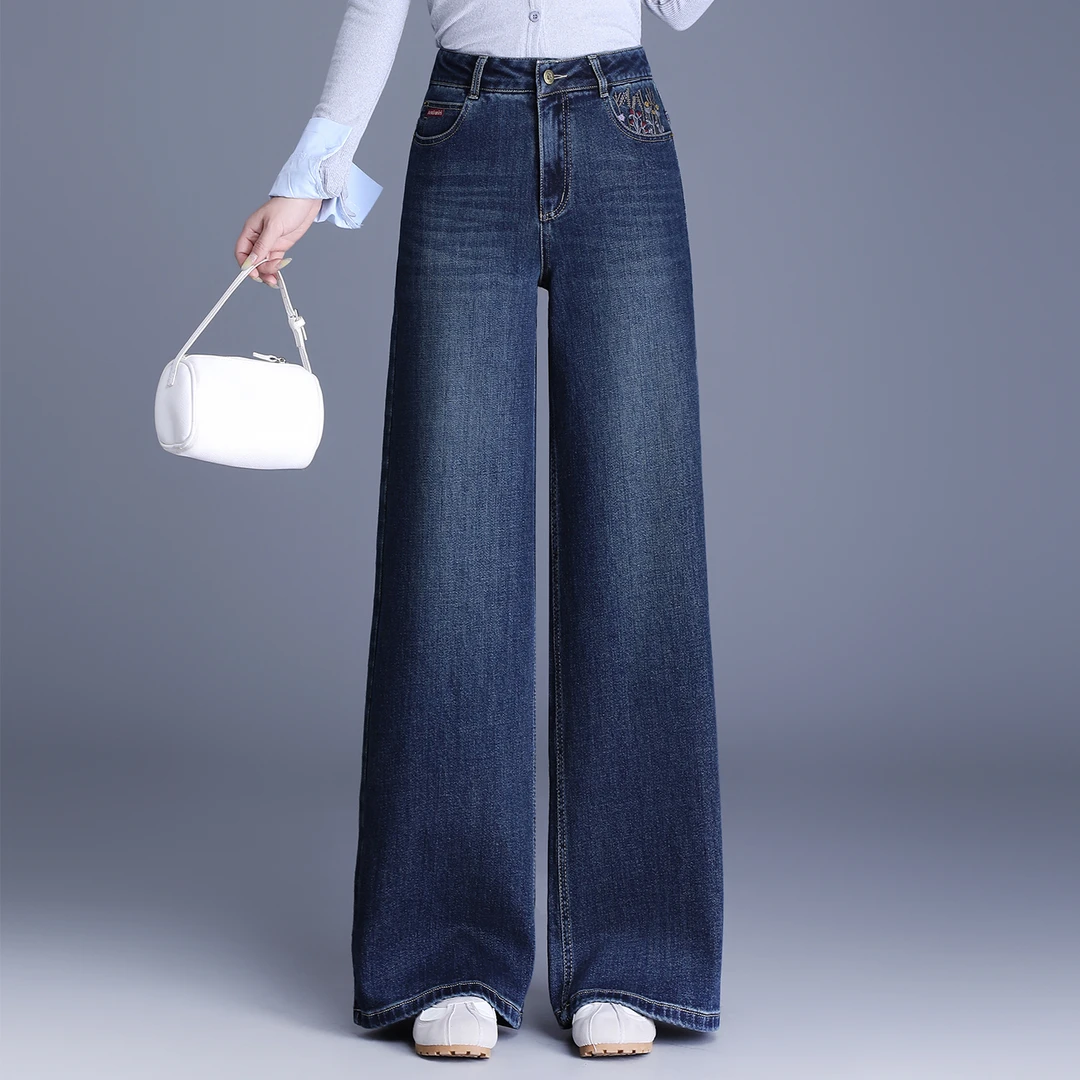 哥弟阿玛施正品2025秋季新品牛仔裤女高腰宽松直筒刺绣阔腿裤长裤