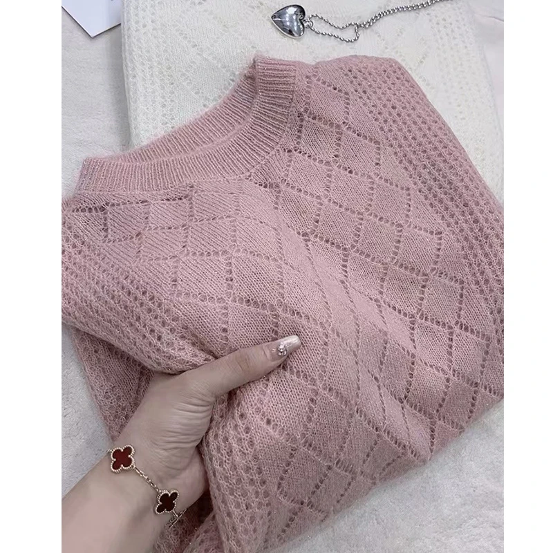 /春夏镂空显瘦~针织衫女菱形格插肩袖套头针织