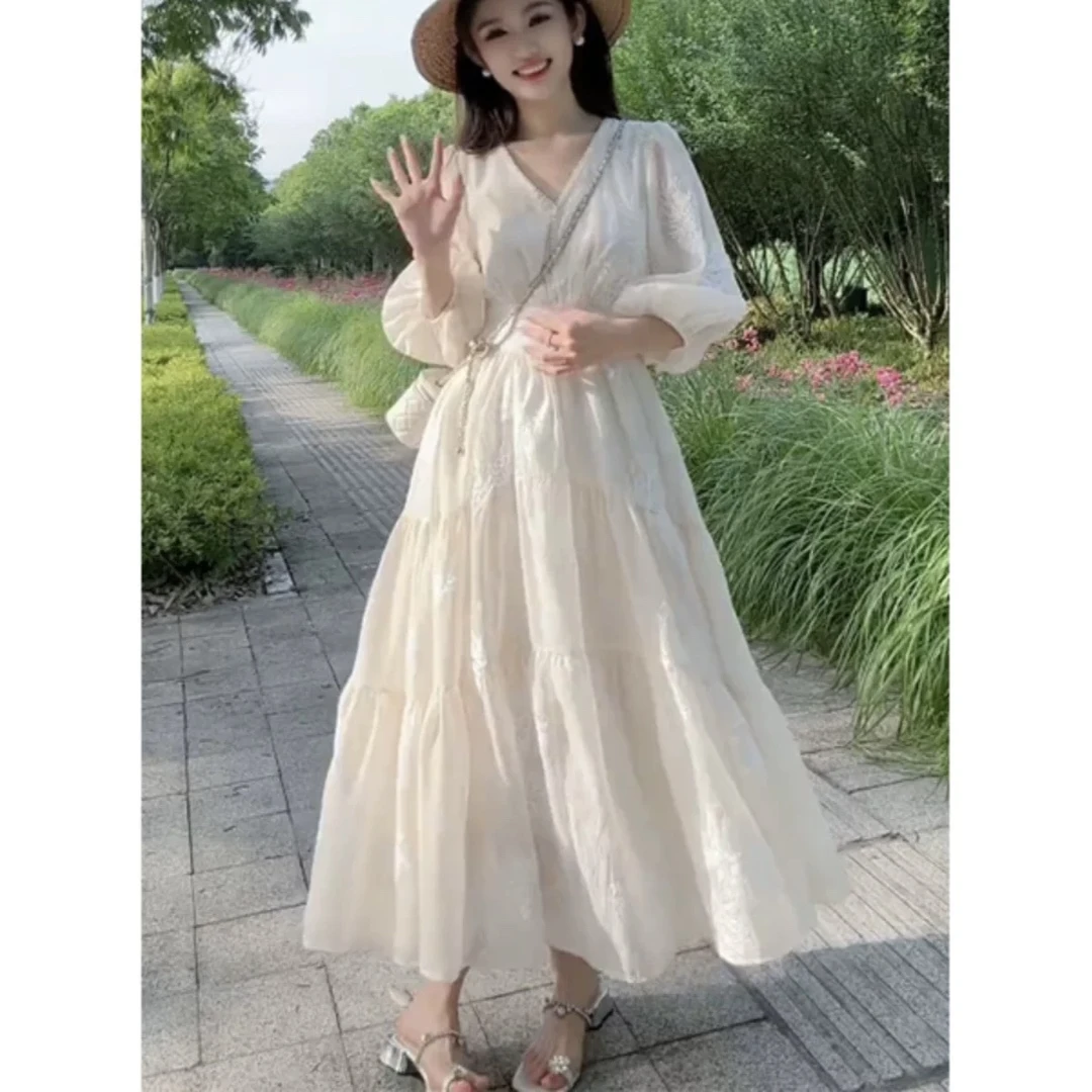 法式852-1气质仙女夏季新款灯笼袖收腰大摆长款连衣裙