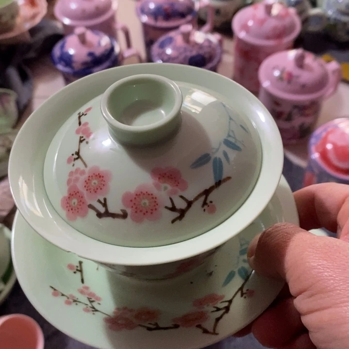 碗陶瓷绿稀土翠竹三才盖碗