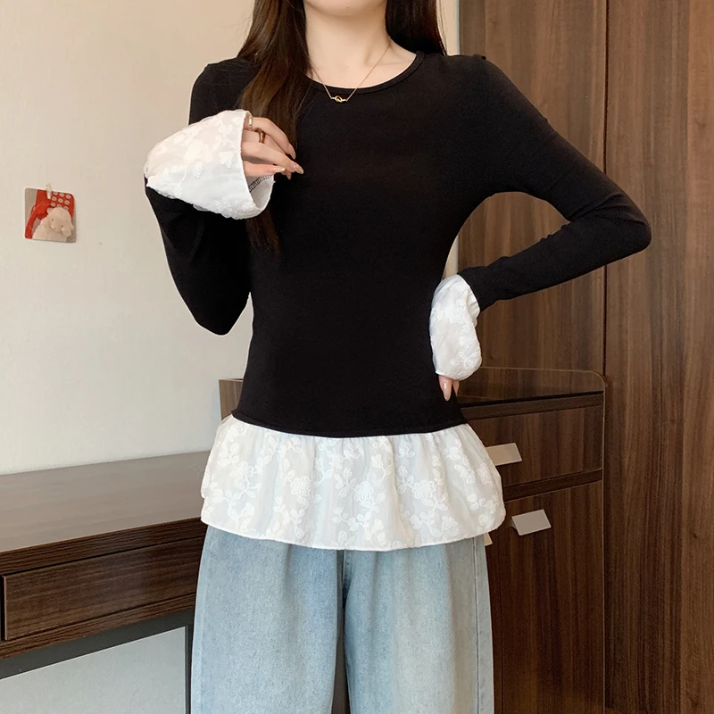 2025秋装新款胖mm大码女时尚拼接蕾丝边法式复古长袖上衣T恤21503