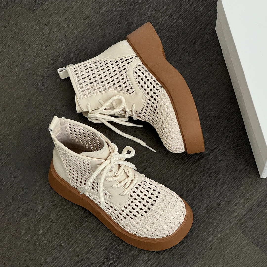 编织镂空厚底马丁靴女2025新款夏季薄款透气系带显脚小英伦风短靴