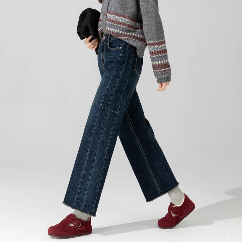 深蓝色九分直筒加绒牛仔裤女款爆款2025新款冬季加厚一体绒烟管裤