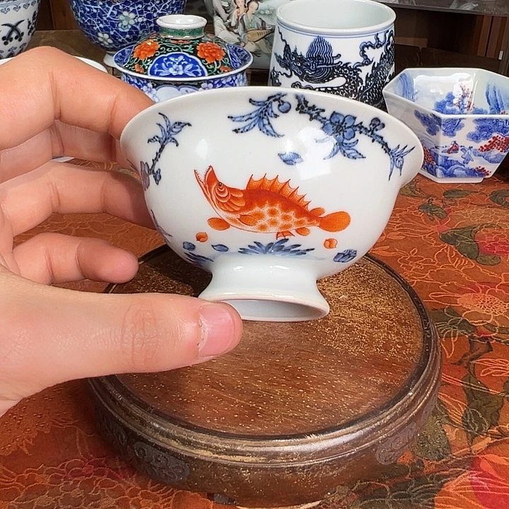 陶杯子元煦窑鱼藻纹高足杯