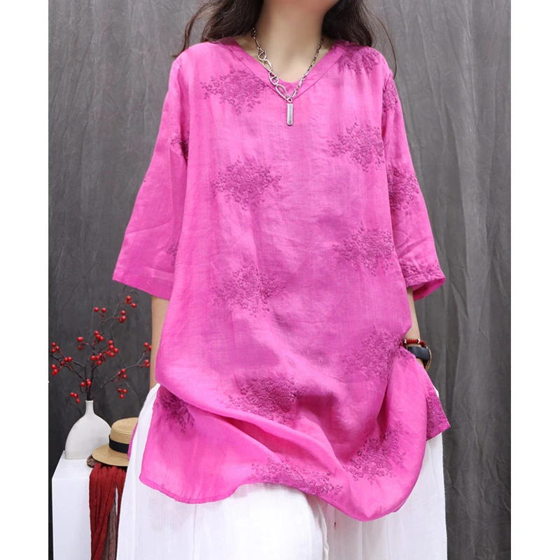 2025夏季新款苎麻刺绣复古休闲衬衫宽松V领中袖中长款文艺衬衫裙