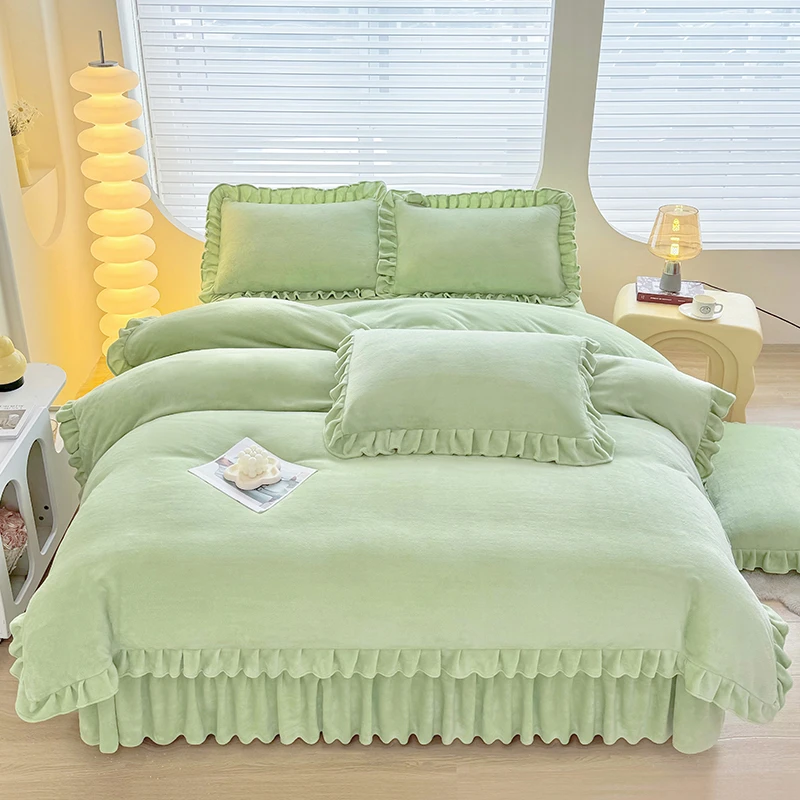 【新款】加厚牛奶绒简约双面纯色床裙款四件套不掉毛不静电韩版