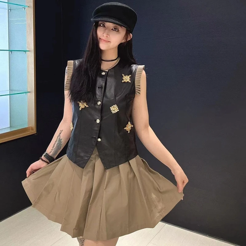 LL【女王优选】轻奢高端时尚气质设计师皮衣套装989312小香风显瘦