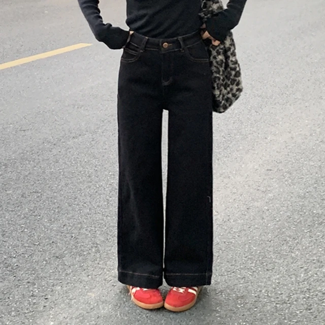 福利款韩版女小个子弹力窄版牛仔阔腿裤