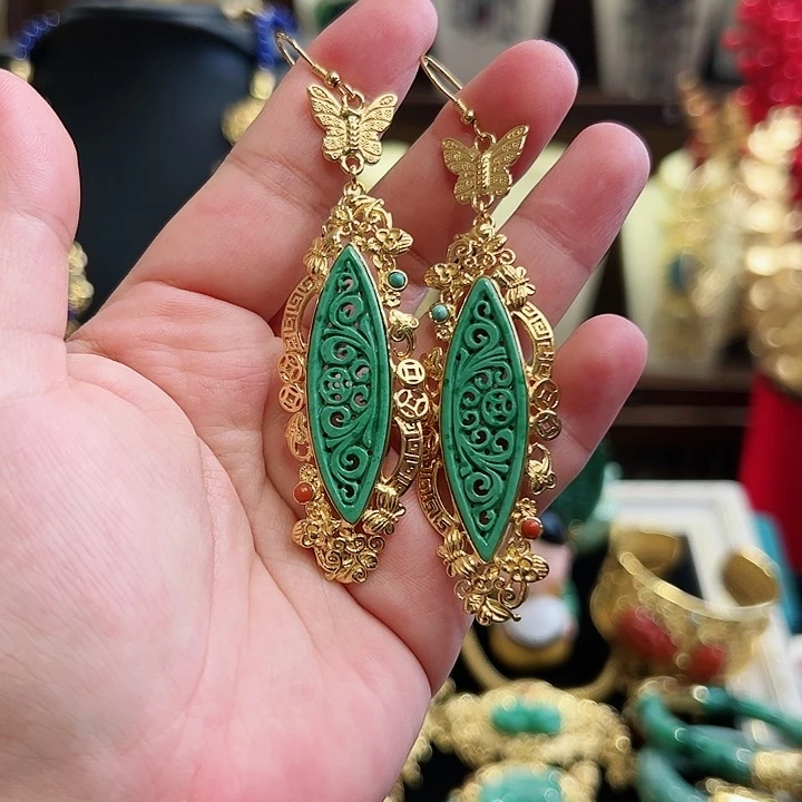翡翠耳饰银S925镶嵌暗**醺古风