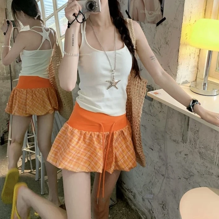 橙色格纹花苞半身裙女夏季新款抽绳度假风短裙