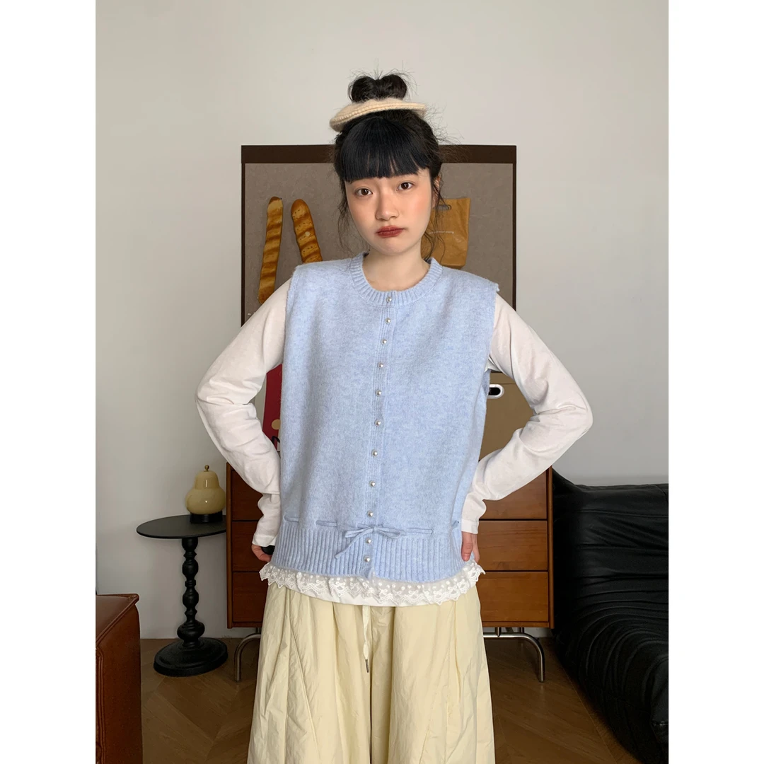 韩系蕾丝花边系带收腰针织背心女春季温柔风软糯气质叠穿开衫马甲