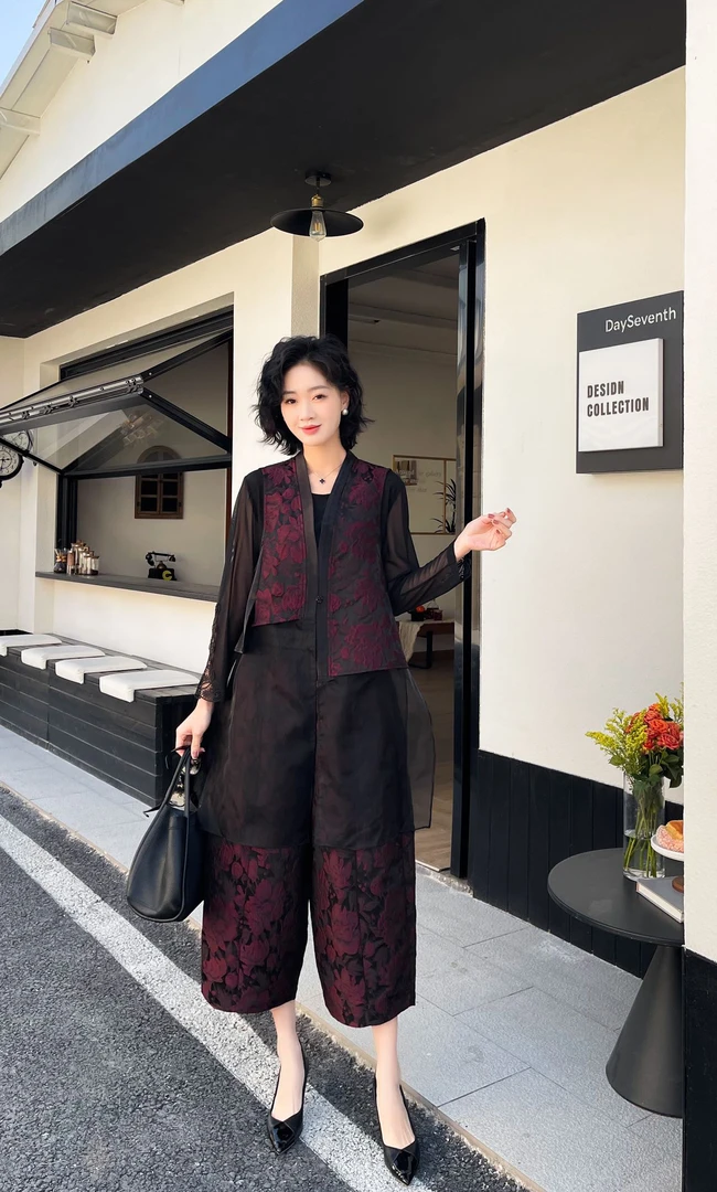 新款提花拼接款马甲配裤子两件套160#