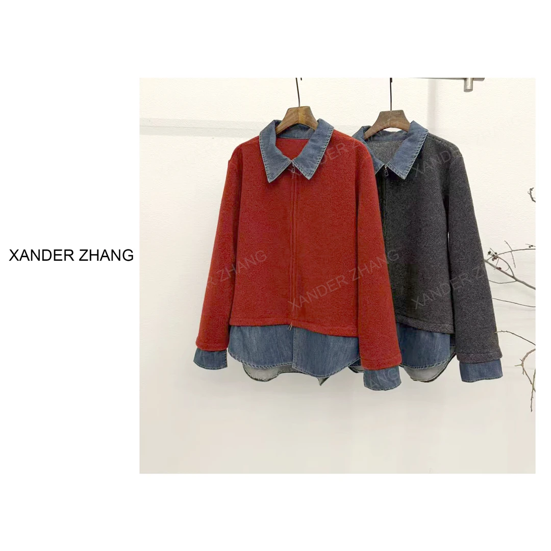 山大张假两件设计感牛仔拼接拉链衬衫外套YBJ1J968时尚拼接文艺感