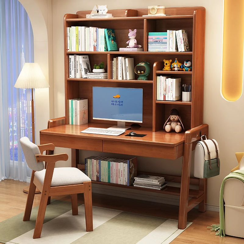 新疆包邮实木书桌书架可升降一体式儿童学习桌卧室简约家用中小学