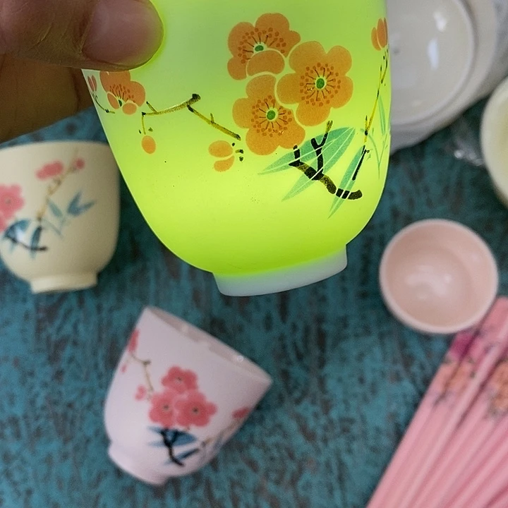 摆件陶绿稀土红梅大直口杯