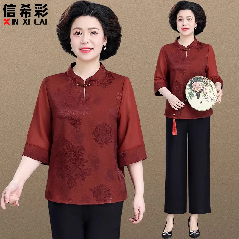 母亲节衣服新中式国风妈妈夏装五分袖套装洋气中老年人女装两件套