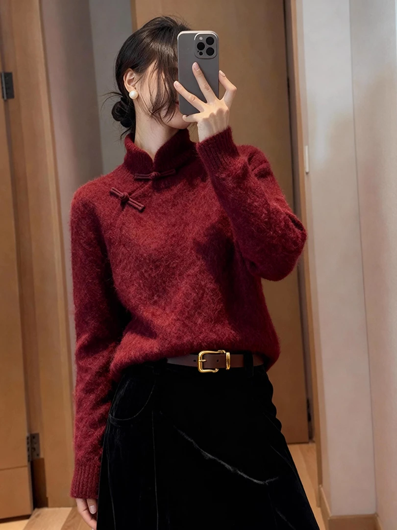复古新中式立领软糯毛衣女2025秋冬新款盘扣气质高级感针织上衣女