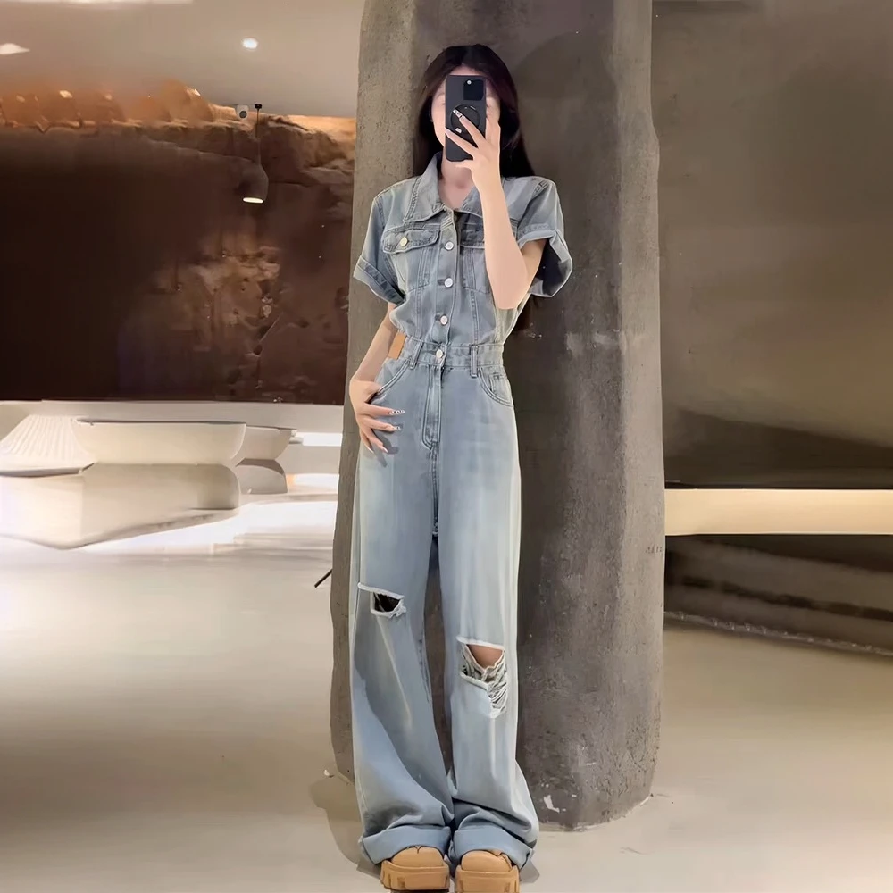 2025夏季薄款大码减龄复古破洞牛仔裤子女梨形身材显瘦阔腿连体裤