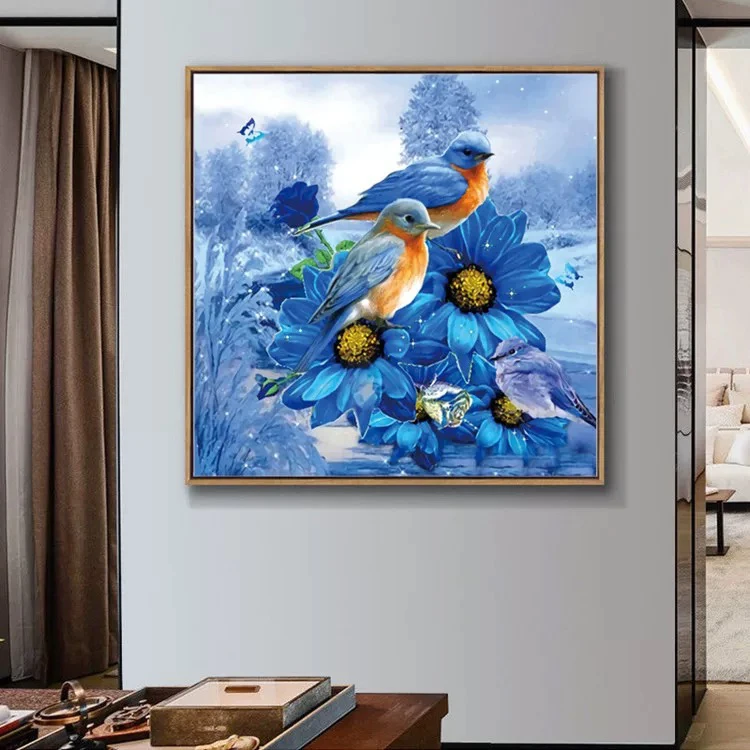 72大格纯手工绣好的十字绣成品484蓝色小鸟装饰画