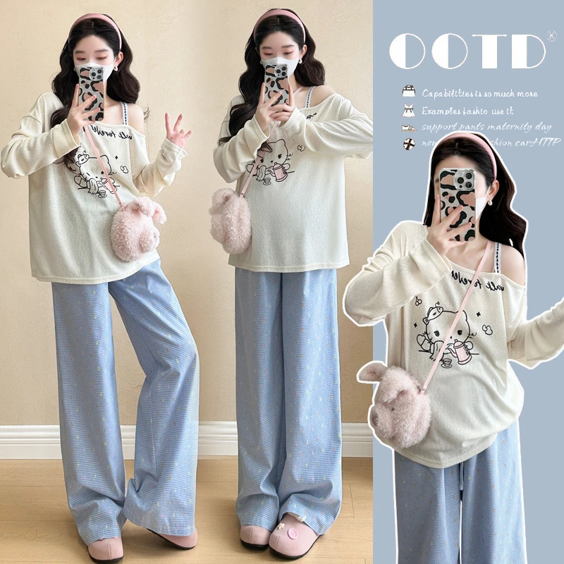 时髦孕妇装新款春夏装2025新款两件套露肩上衣时尚松紧腰阔腿长裤