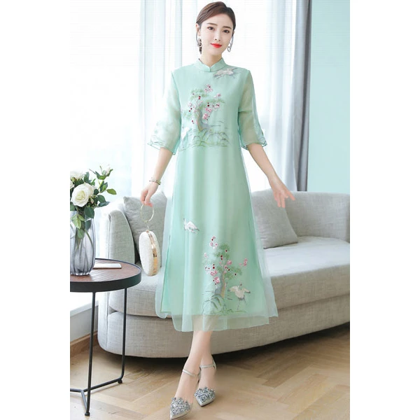 改良旗袍连衣裙夏季新款胖妹妹刺绣长裙中国民族风大码女装