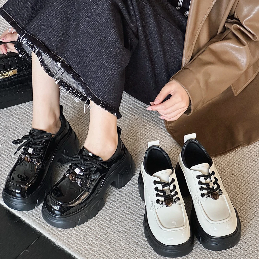 英伦风漆皮乐福鞋女2025秋季新款厚底粗跟7cm小皮鞋学院复古单鞋