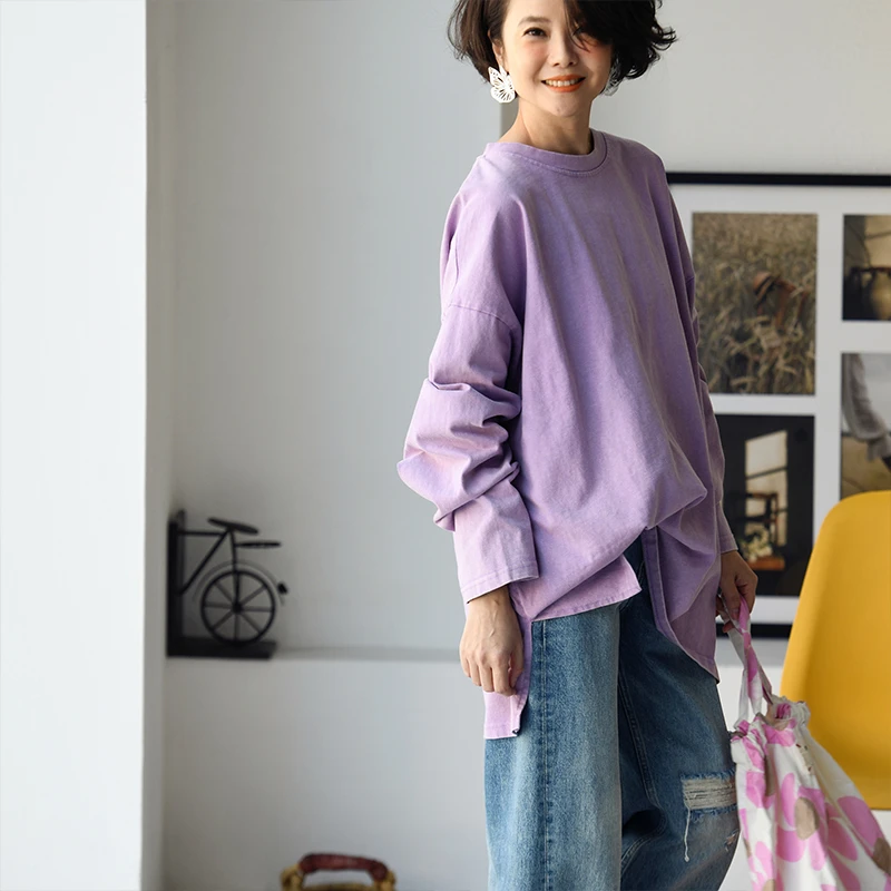 T18000 文艺休闲做旧圆领长袖纯棉宽松大版温柔纯色T恤女米兰宣言