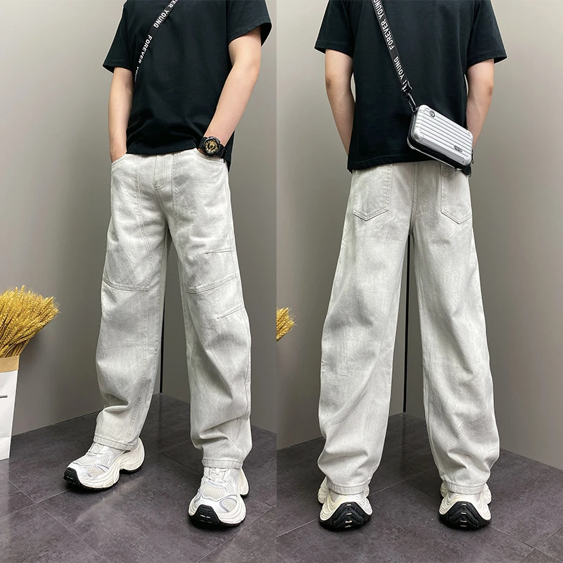 设计感立体拼接水洗牛仔裤男春秋款宽松直筒裤美式高街阔腿弯刀裤