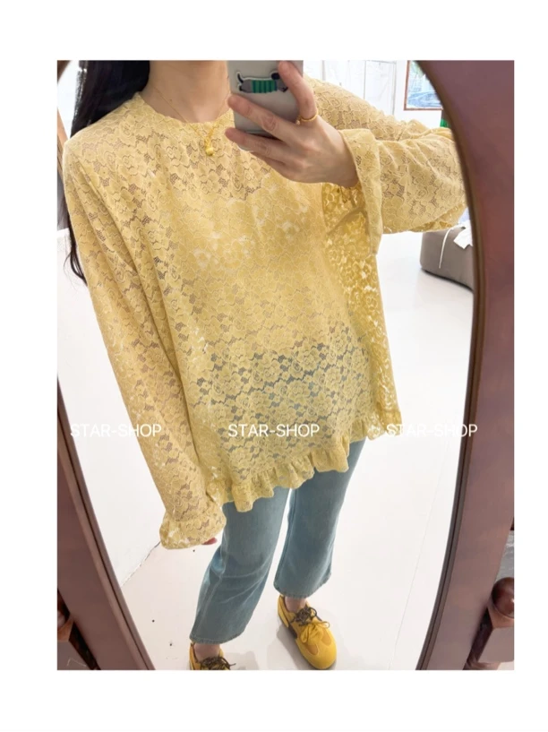 ｛木耳蕾丝｝春 木耳袖 木耳下摆 花朵蕾丝T