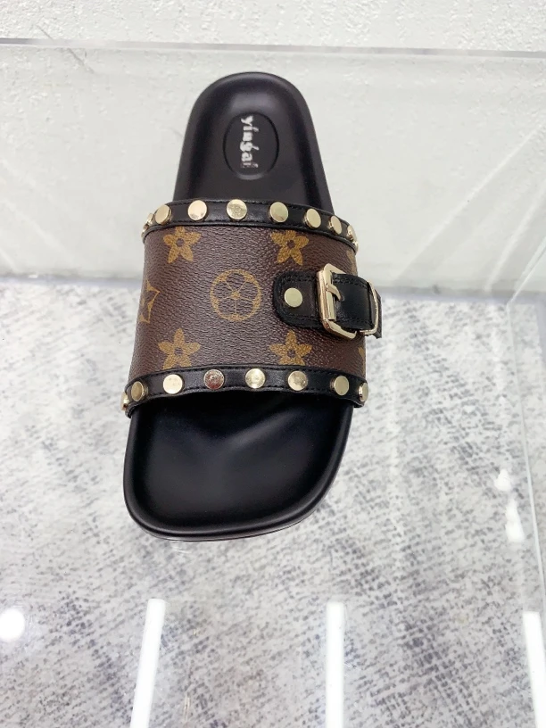 应爱668-32经典老花凉拖百搭休闲时尚女士凉拖鞋真皮印花外穿