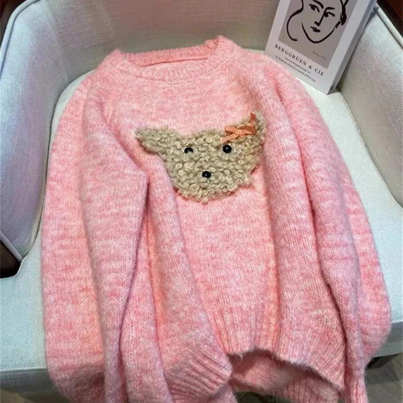 新款甜美可爱小狗毛衣宽松春秋外穿慵懒风软糯上衣套头针织衫