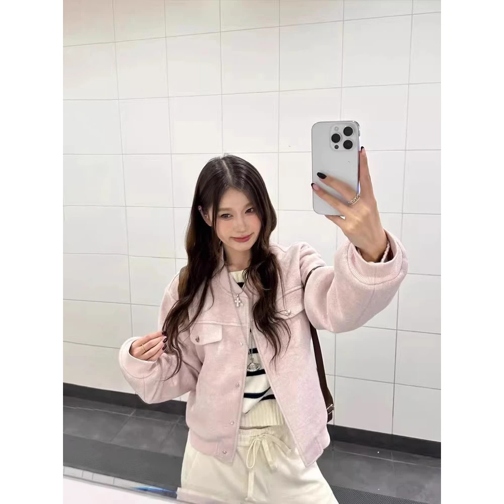 秋季韩系粉色百搭短款小香风毛呢外套女高级感通勤减龄棒球服上衣