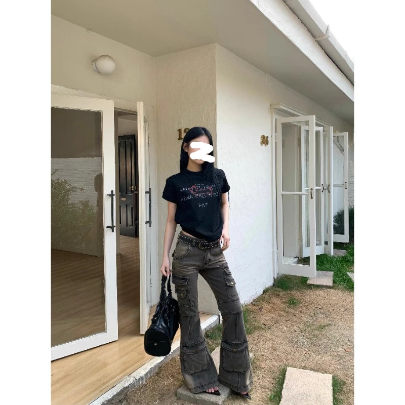 纯棉美式印花正肩复古短袖T恤2025新款百搭修身辣妹显瘦夏季上衣